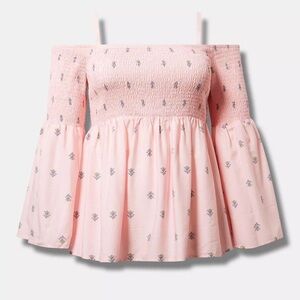 Torrid NEW Pink Smocked Cold Shoulder Bell Sleeve Boho Top Size 1X